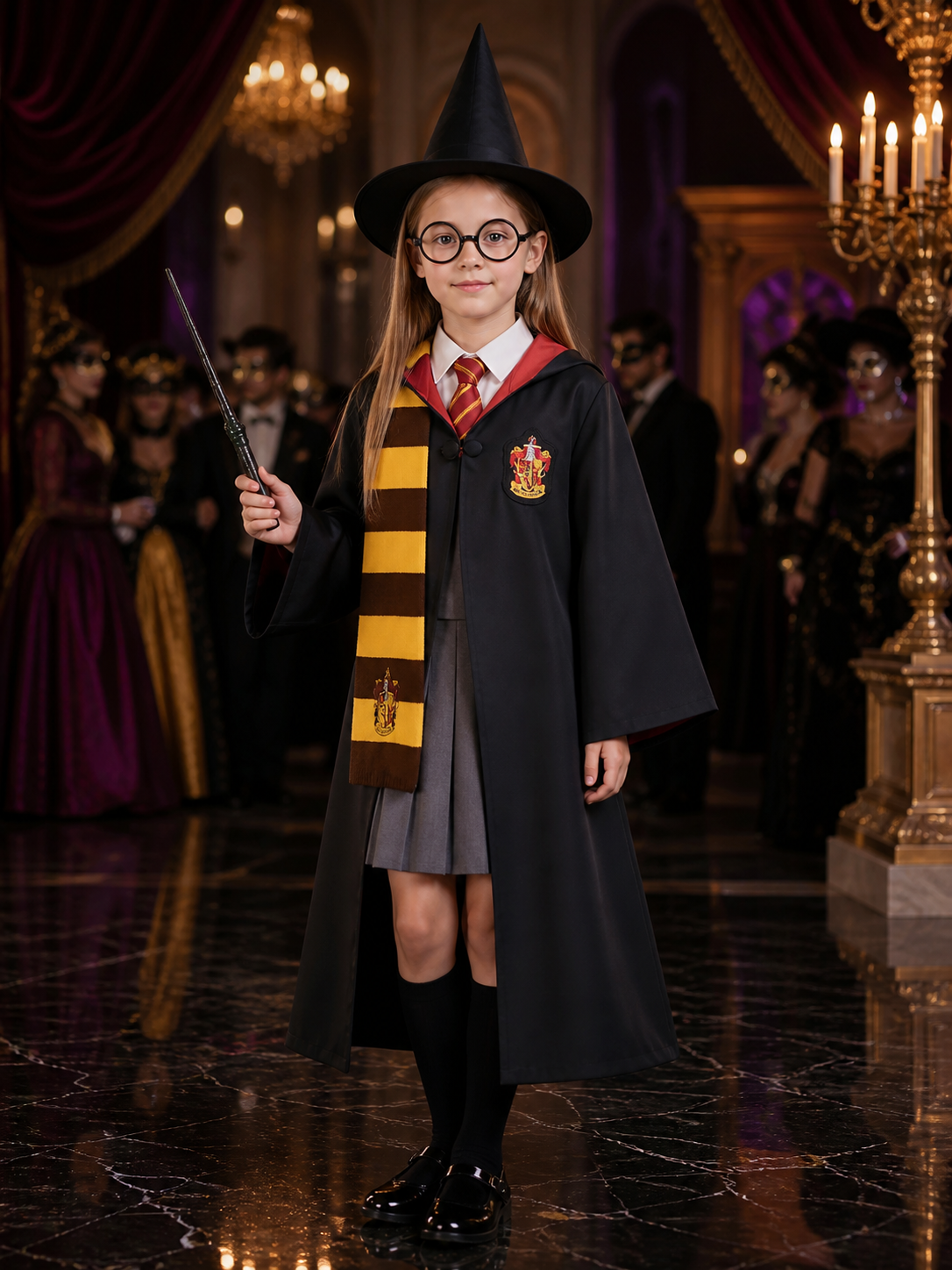 Kids Wizard Costume Set With Hooded Robe, Hat, Glasses, Wand, Scarf And Tie Costume Headwear detail