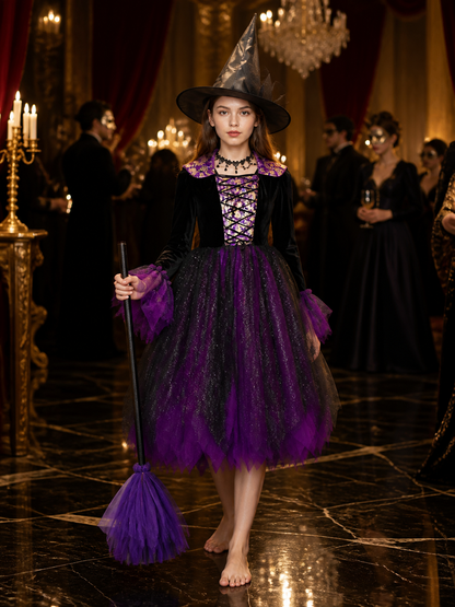 Adult and Kids Witch Costume Dress With Sparkling Purple-Black Fluffy Skirt Costume Dresses detail