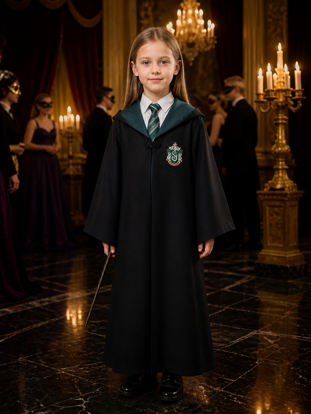 Slytherin Wizard Costume Set, Hooded Long Robe with Striped Tie Costumes detail