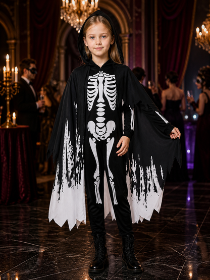 Unisex Glow In The Dark Skeleton Hooded Bodysuit Costume Set With Tattered Robe Costumes detail
