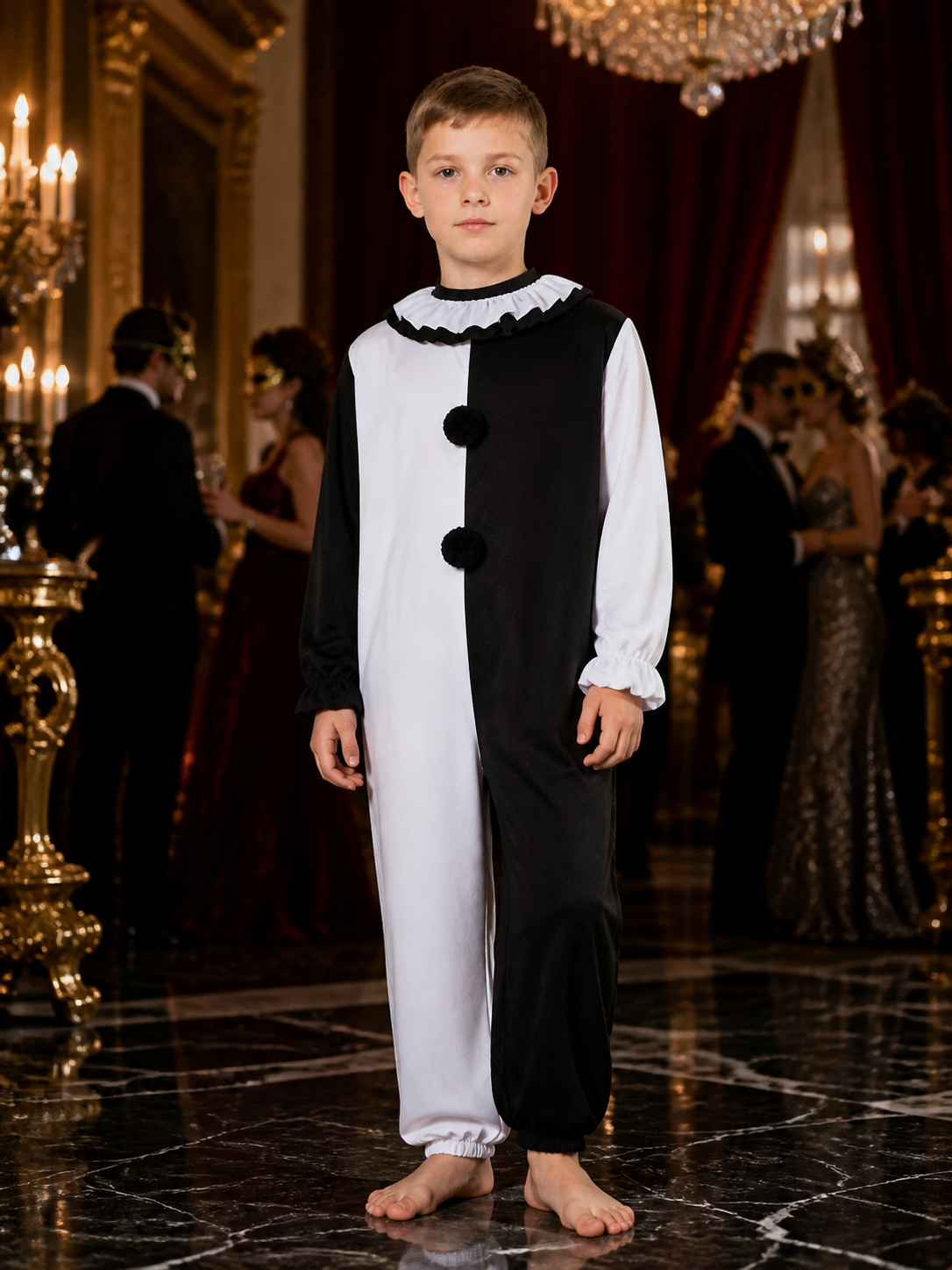 Men's Clown Jumpsuit Halloween Costume with Black and White Ruffle Trim Costumes detail