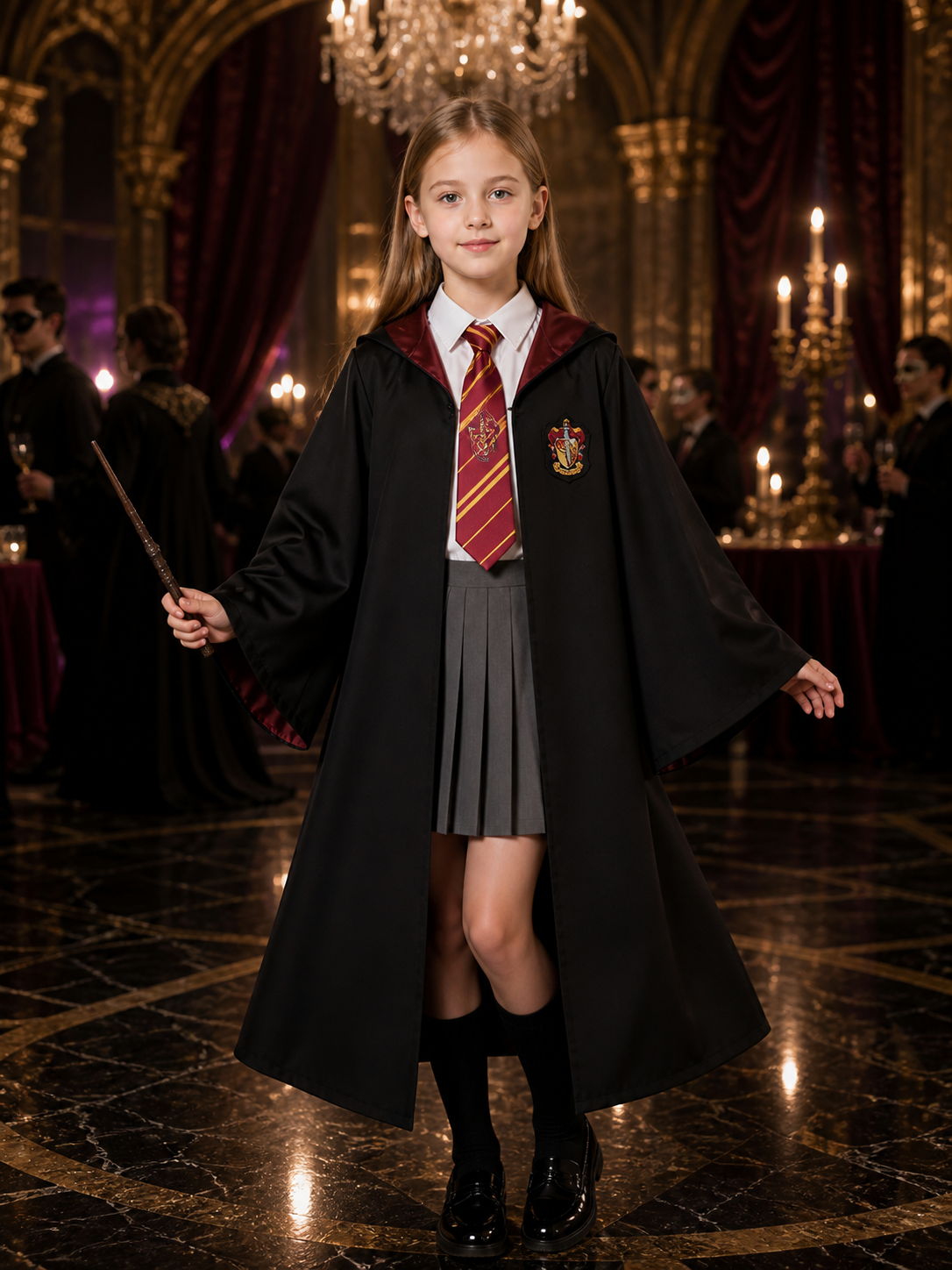 Wizard Academy Costume Set with Hooded Robe, Shirt, Pleated Skirt, Tie and Wand Costume Accessories detail