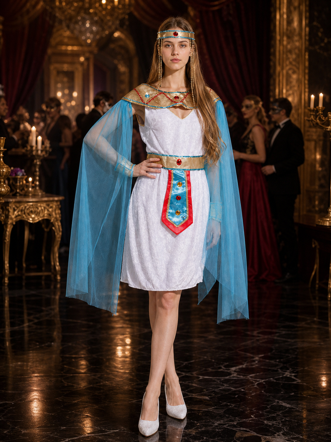 Egyptian Cleopatra Costume Set, White Dress With Gold Belt, Headpiece And Blue Costume Dresses detail