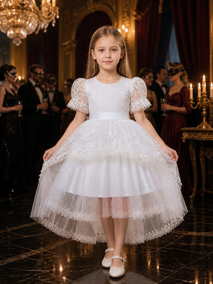 Girls' White Princess Dress, Floral Embroidered Lace Party Gown With Bow Costume Dresses detail