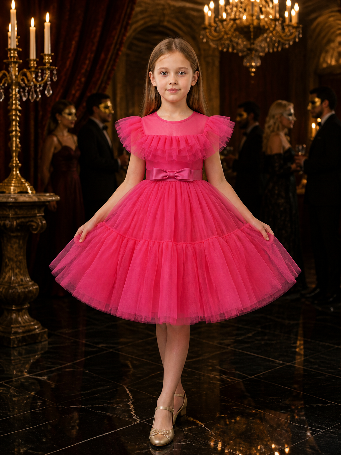 Girls' Princess Tulle Formal Dress with Puff Sleeves and Bow Waist, Rose Red Costume Dresses detail