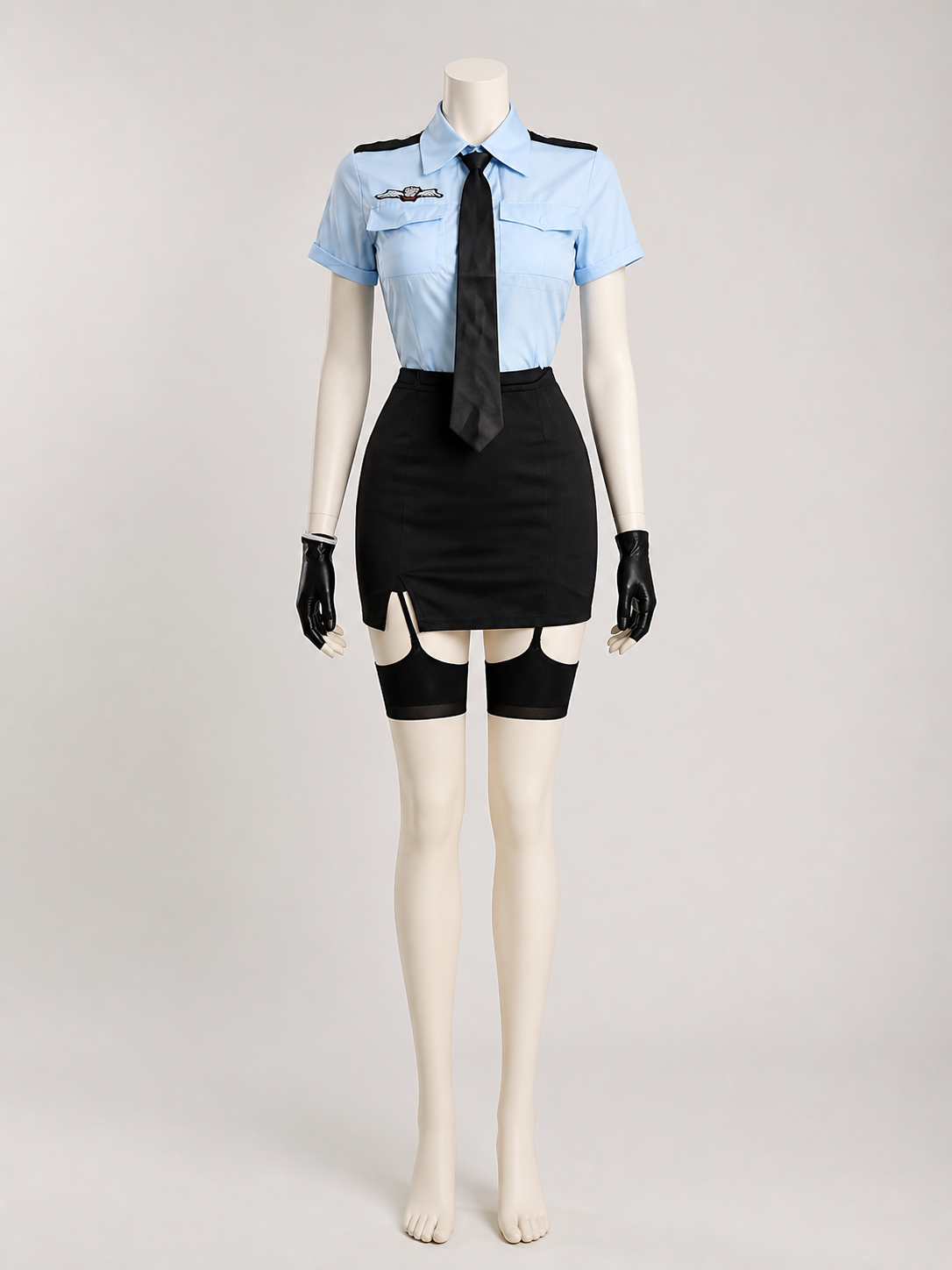 Women's Police Officer Cosplay Costume, Light Blue & Black Short Sleeve Uniform Costumes detail