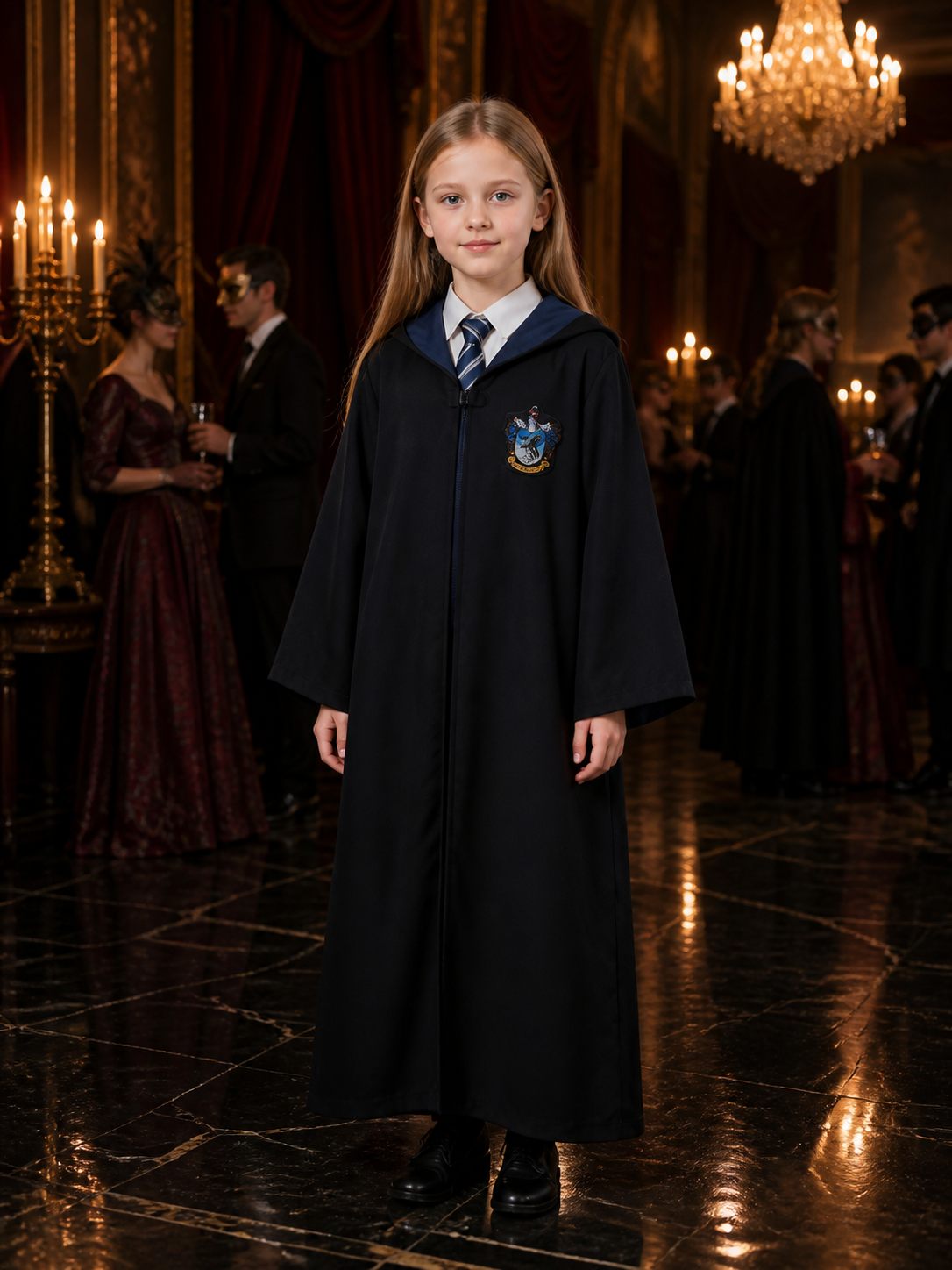 Ravenclaw Hooded Wizard Robe Costume with Stripe Tie, College Halloween Outfit Costumes detail