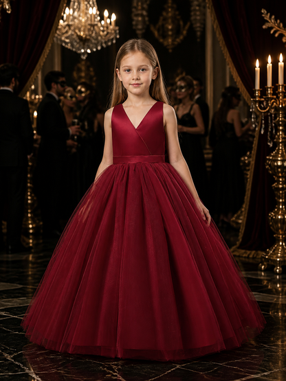 Girls' Maroon Princess Dress, V-Neck Sleeveless Tulle Ball Gown With Bow Costume Dresses detail