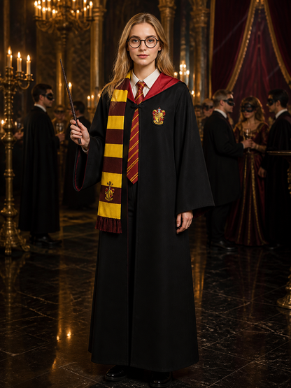 Black Hooded Wizard Robe Costume Set with School Crest, Scarf, Tie, Wand & Costume Accessories detail