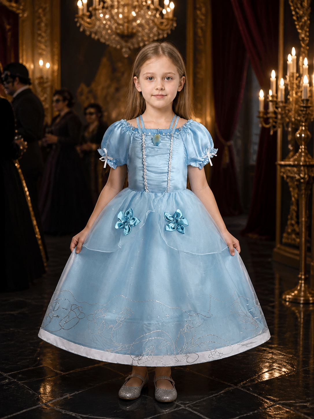Kids Princess Costume Dress, Light Blue Puffy Sleeve Tutu Skirt with Flower Costume Dresses detail