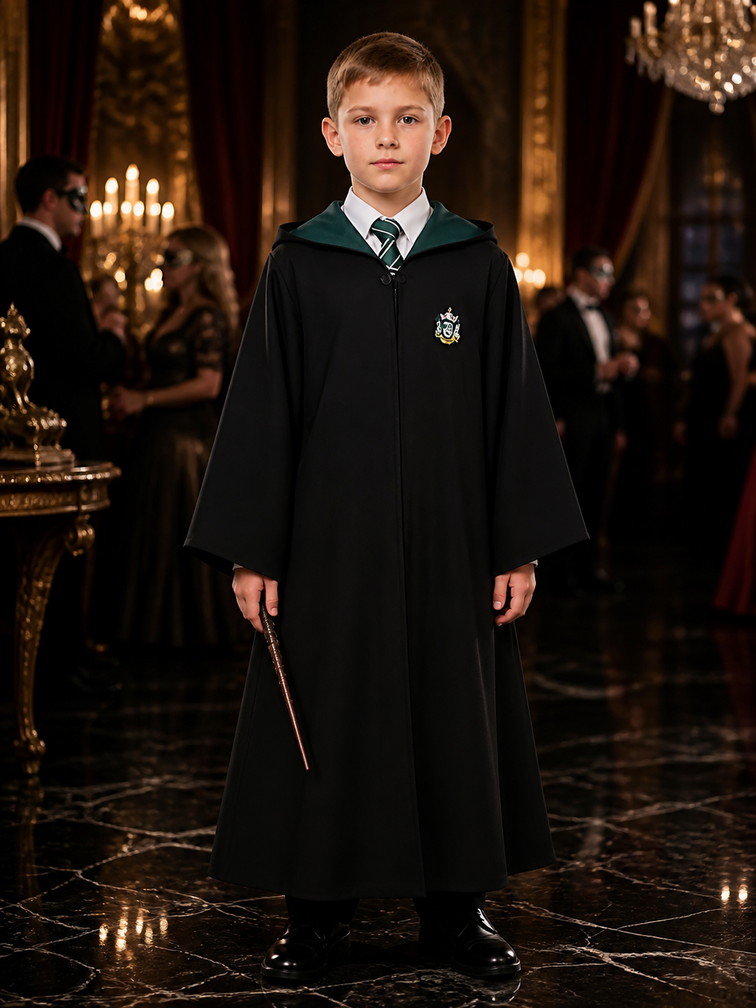 Kids Wizard School Costume, Long Black Robe with Green Trim and Badge Costumes detail