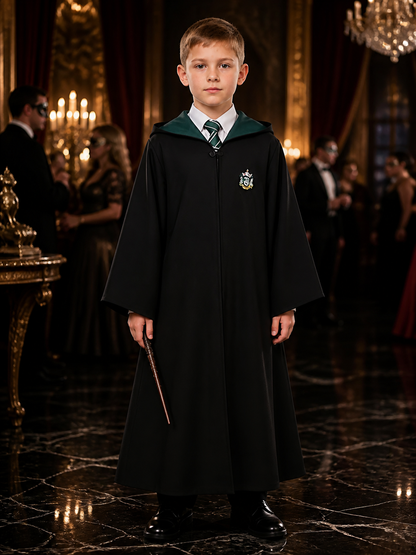 Kids Wizard School Costume, Long Black Robe with Green Trim and Badge Costumes detail