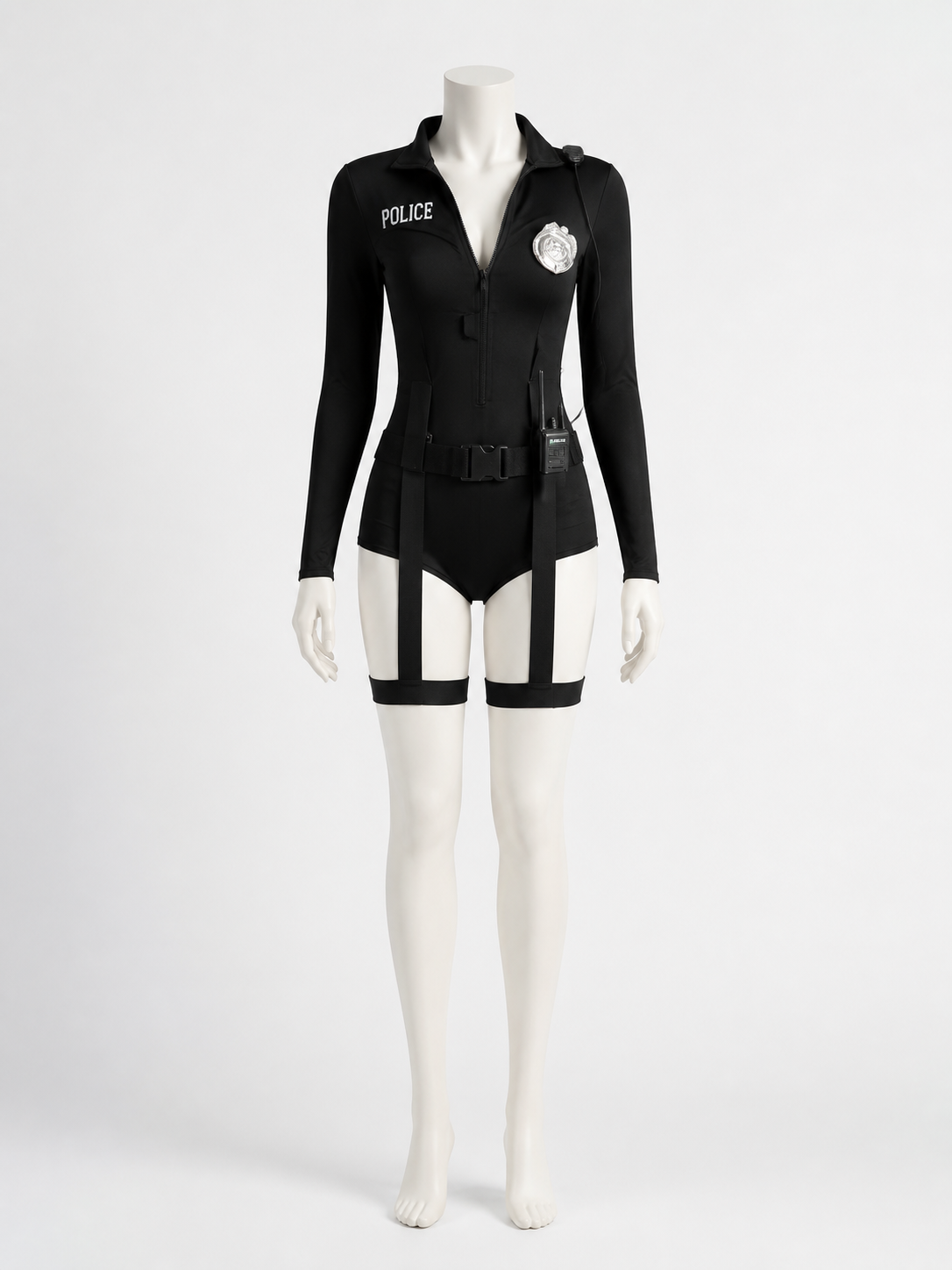 Women's Sexy Police Officer Bodysuit Costume Set with Leg Straps and Costumes detail