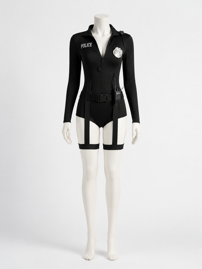 Women's Sexy Police Officer Bodysuit Costume Set with Leg Straps and Costumes detail