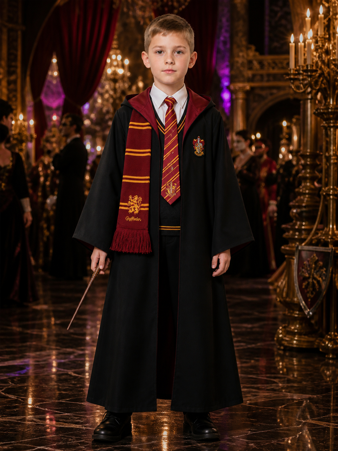 Hooded Wizard Robe Costume Set With School Crest, Tie, Scarf, Vest And Wand Costume Accessories detail