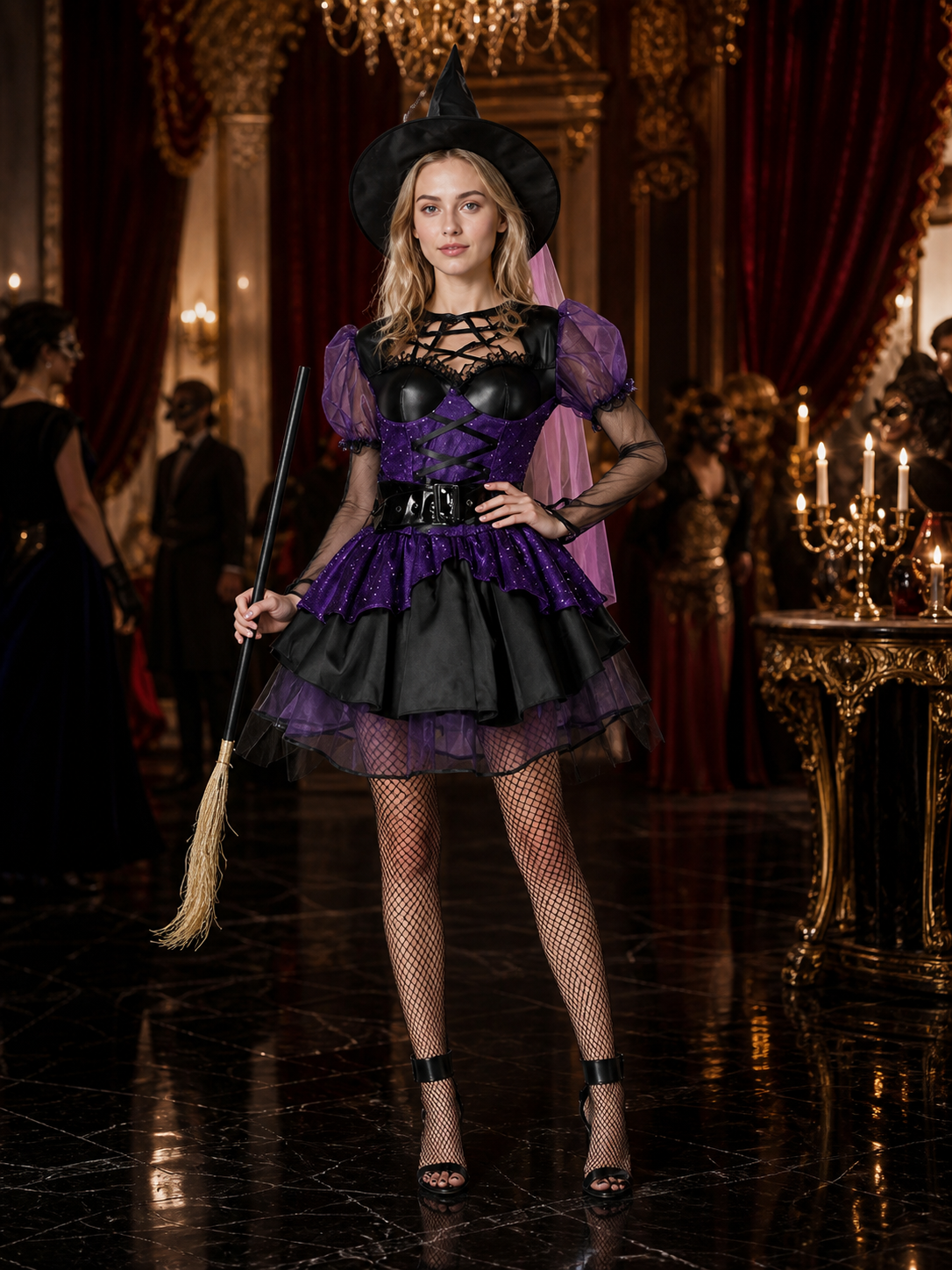 Women's Purple and Black Witch Costume Set, Ruffle Dress and Pointed Hat Costume Dresses detail