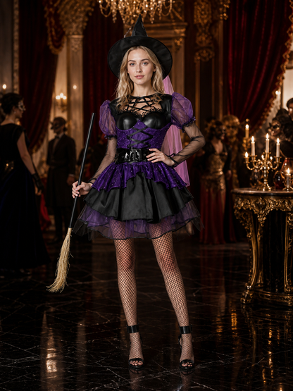 Women's Purple and Black Witch Costume Set, Ruffle Dress and Pointed Hat Costume Dresses detail