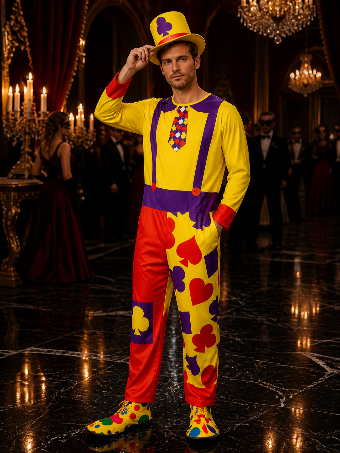 Adult Unisex Clown Jumpsuit Costume With Hat, Colorful Heart & Flower Print Costume Headwear detail