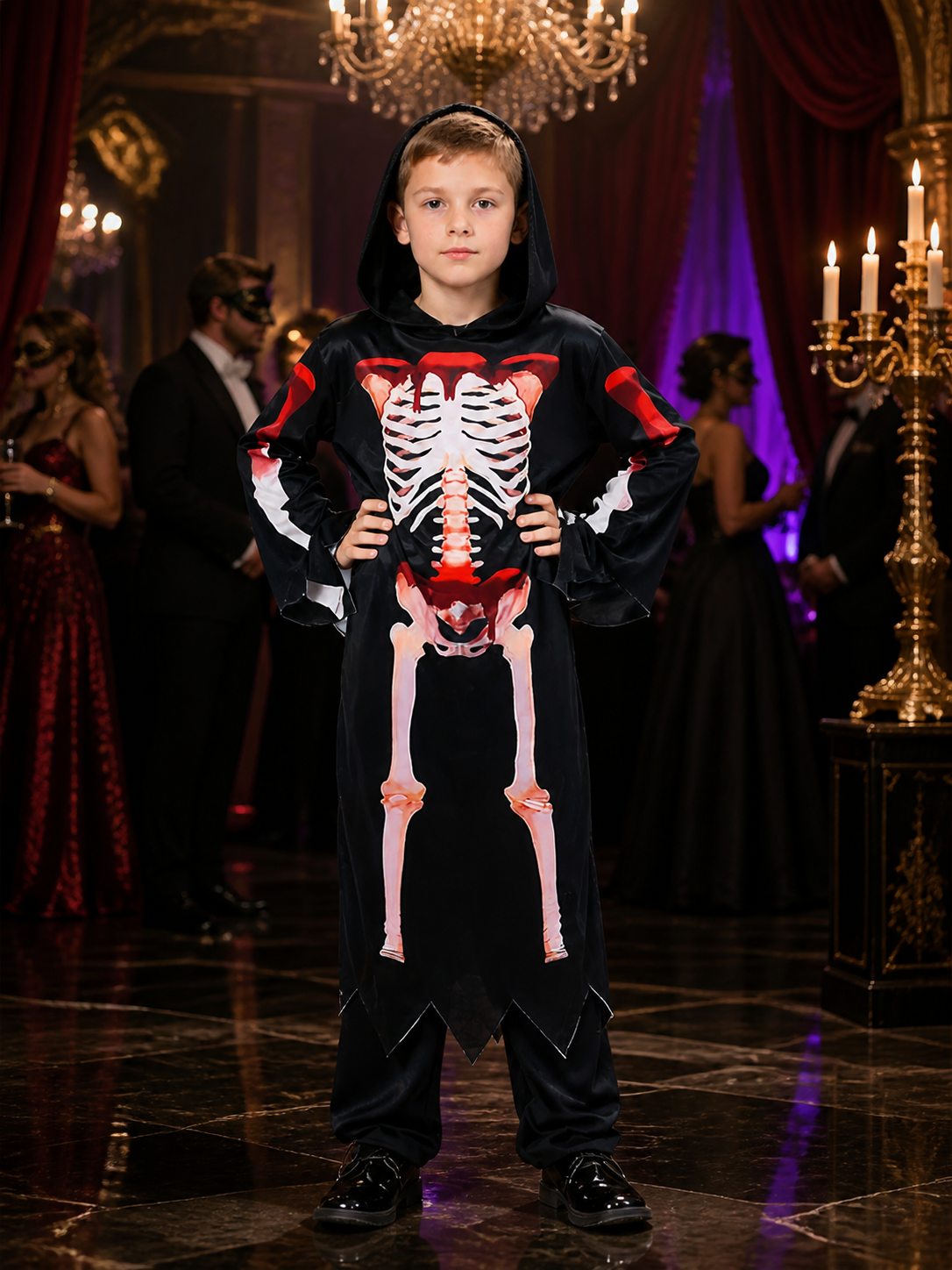 Hooded Skeleton Jumpsuit Costume with Full Bone Print for Halloween