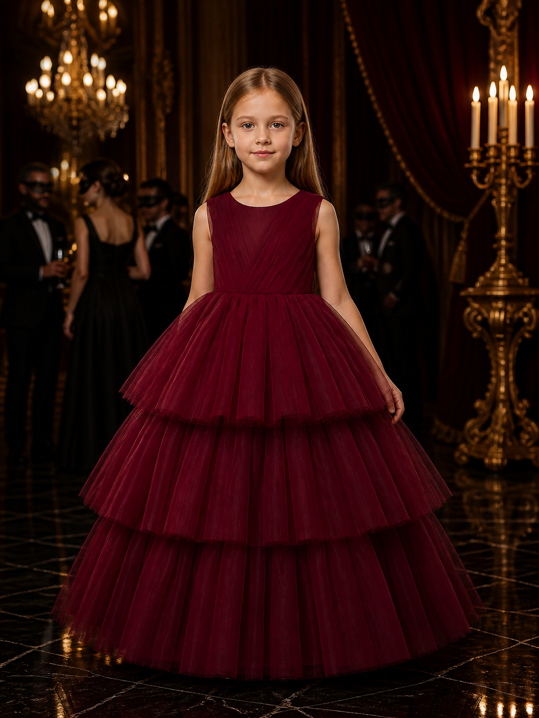 Girls' Burgundy Princess Dress, Sleeveless V-Neck Tiered Tulle Formal Gown Costume Dresses detail