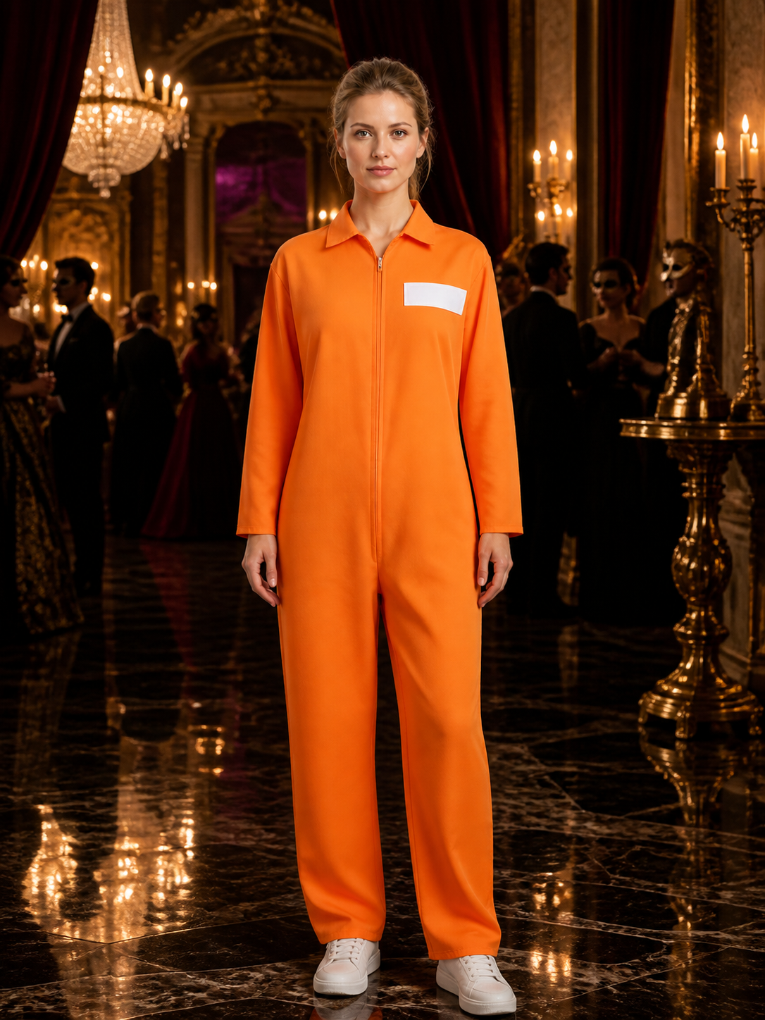 Orange Prison Jumpsuit Costume, Long Sleeve State Prison Print Halloween Outfit Costumes detail