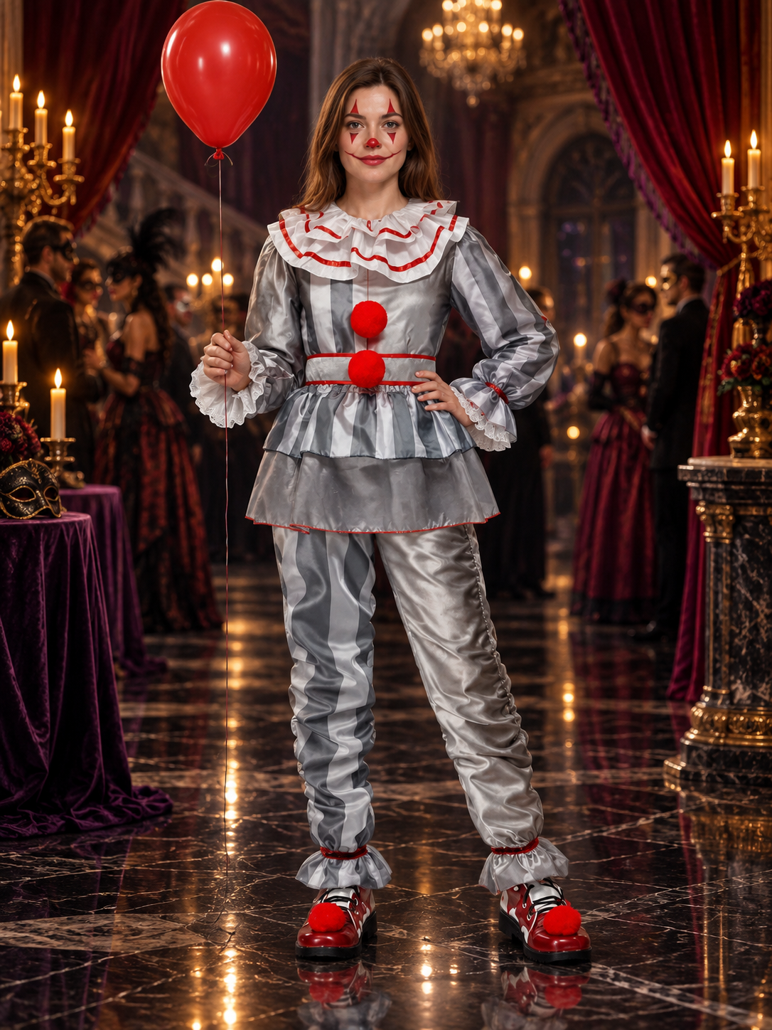 Striped Clown Costume with Peplum, Ruffles, and Pom-Poms