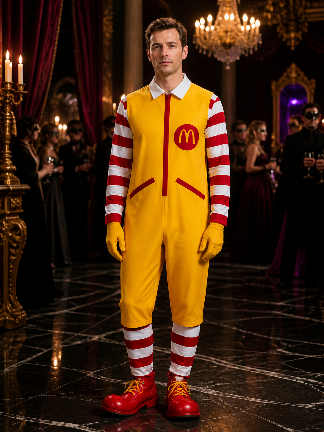 Clown Circus Costume Set, Red White Striped Top, Yellow Jumpsuit and Gloves
