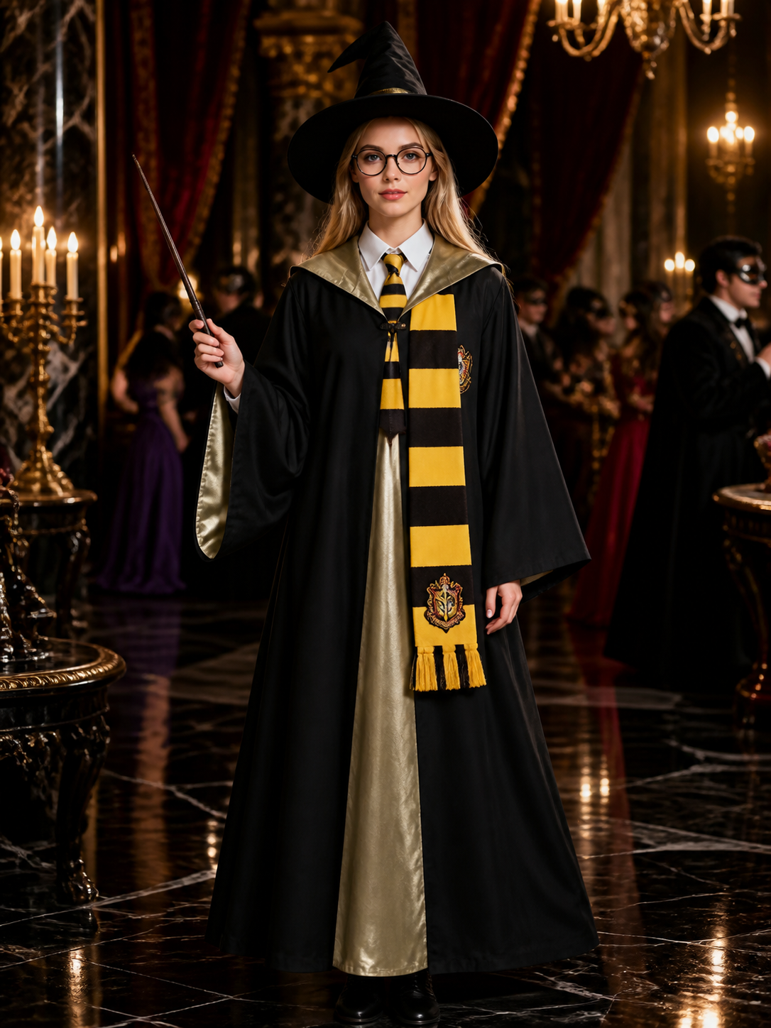 Black Wizard Robe Costume Set With Pointed Hat, Wand, Glasses, Tie And Scarf Costume Headwear detail