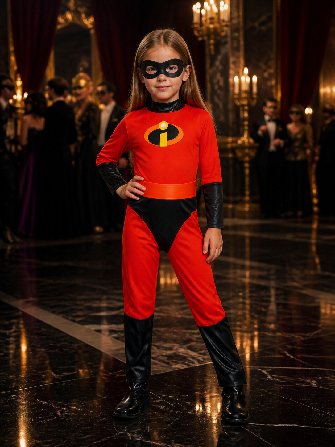 Kids Superhero Costume Bodysuit, Red with Orange Belt and Eye Mask, Halloween Costume Masks detail