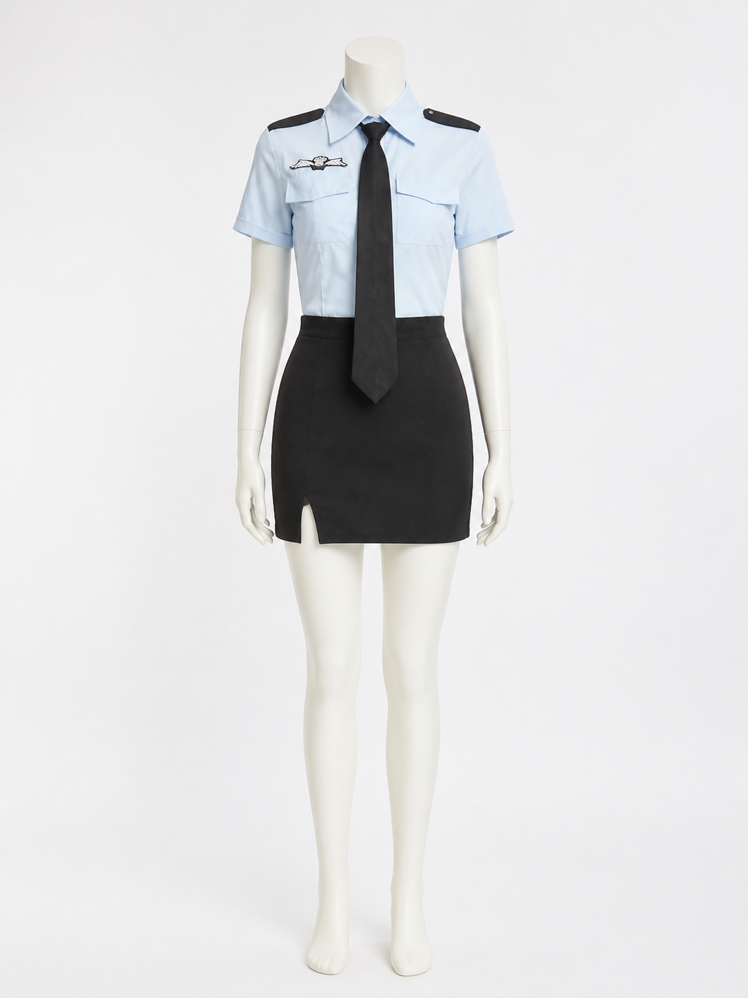 Women's Police Officer Costume Set, Light Blue Short Sleeve Top with Tie and Costumes detail