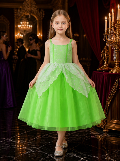 Girls' Green Princess Costume Dress, Sequin Stars, Ruffle Trim and Tulle Skirt Costume Dresses detail