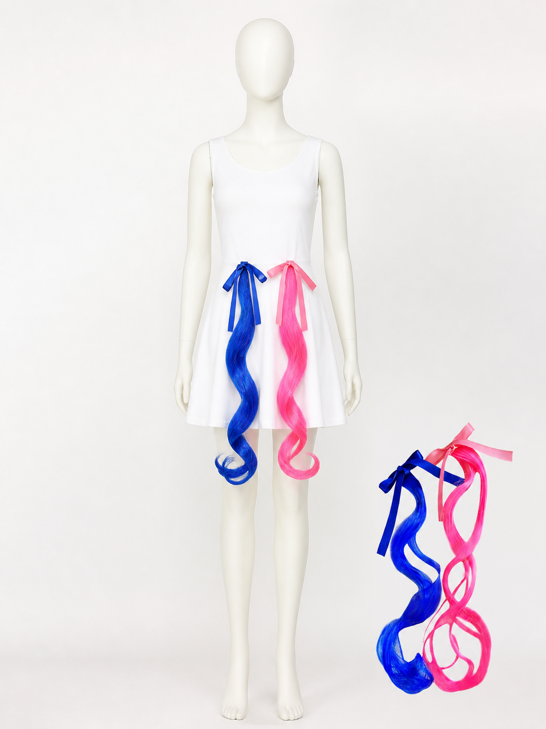 Harley Quinn Hair Extensions, Pink and Blue Wavy Weft with Ribbon and Clip product detail