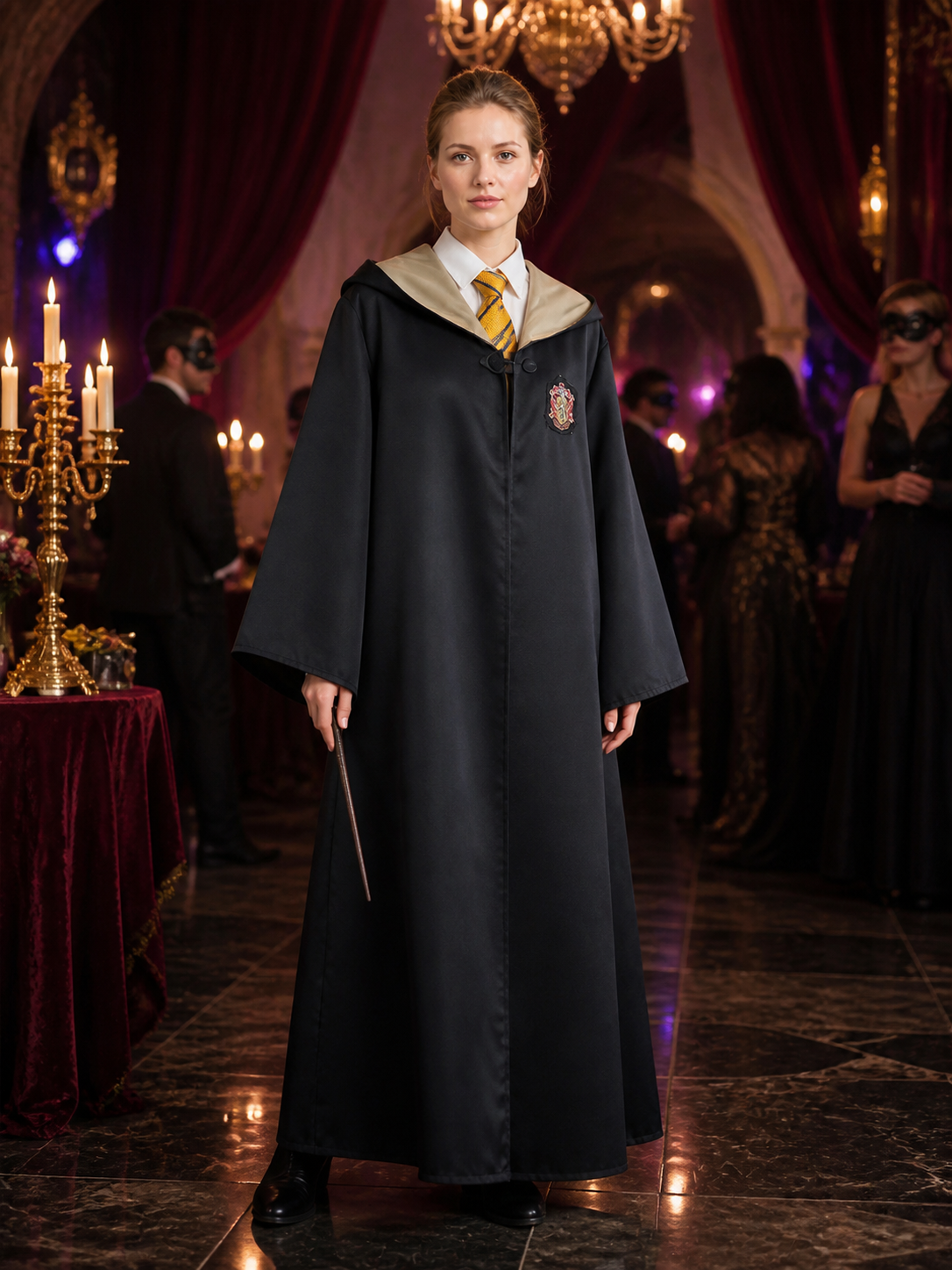 Kids Hufflepuff Wizard Robe Costume Set With Hood and Tie Costumes detail