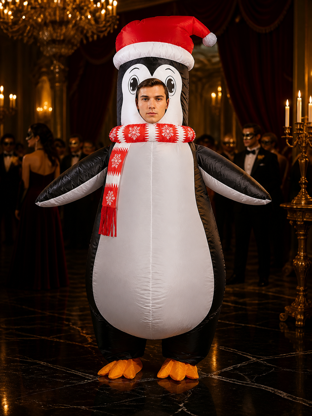 Inflatable Penguin Costume with Santa Hat and Scarf and Wings, Christmas Cosplay Costume Headwear detail