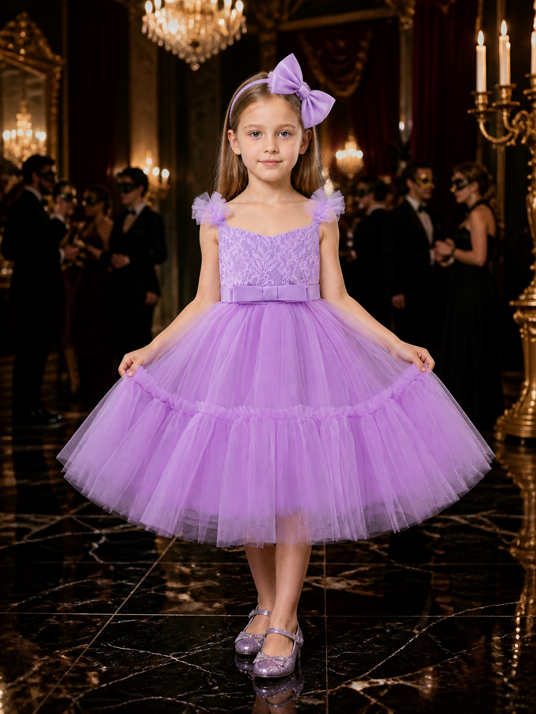 Girls' Purple Princess Dress Set, Sleeveless Lace Bodice, Satin Bow, Layered Costume Dresses detail