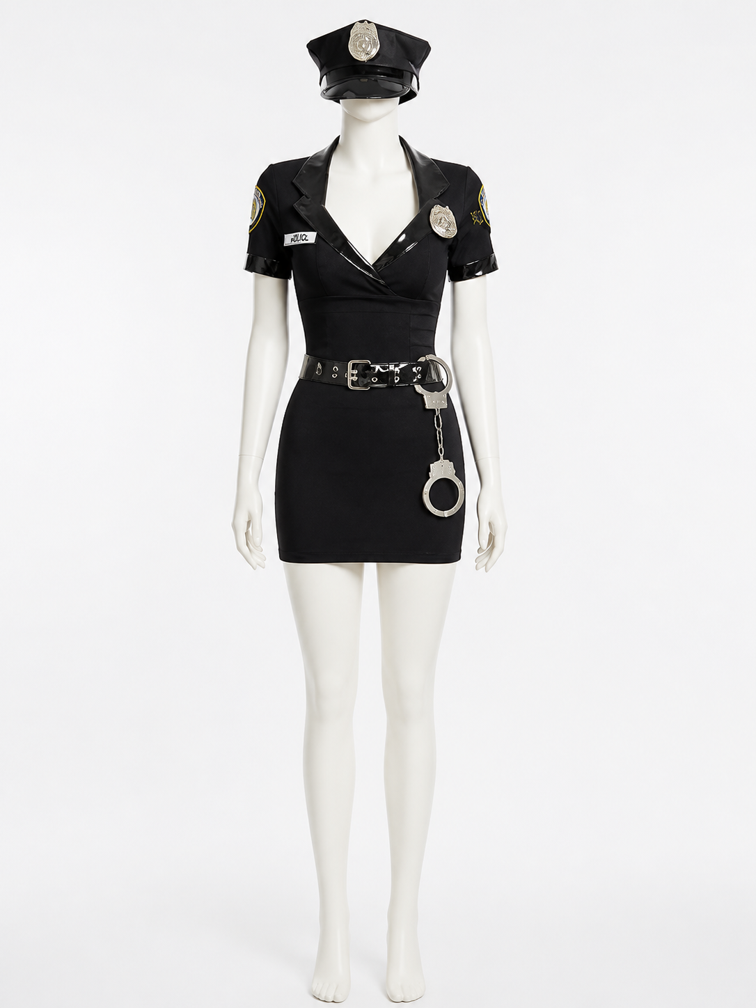 Women's Black Police Costume Set, Short Dress With Hat, Belt And Handcuffs Costume Dresses detail