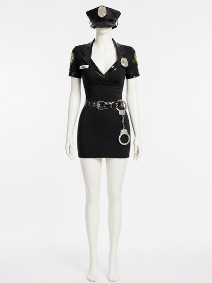 Women's Black Police Costume Set, Short Dress With Hat, Belt And Handcuffs Costume Dresses detail