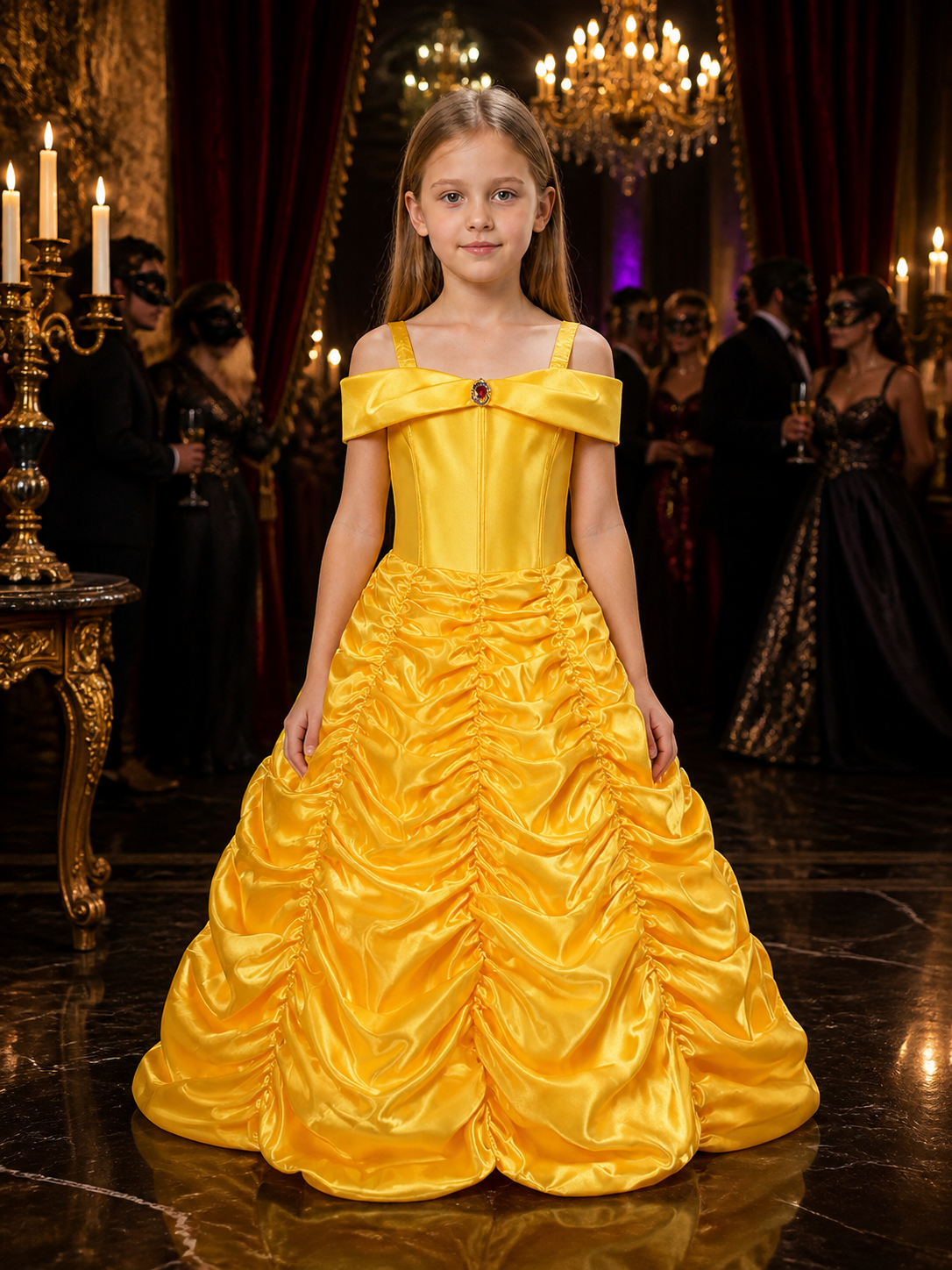 Kids Belle Princess Costume Dress, Yellow Bow-Decorated Long Ball Gown Halloween Costume Dresses detail