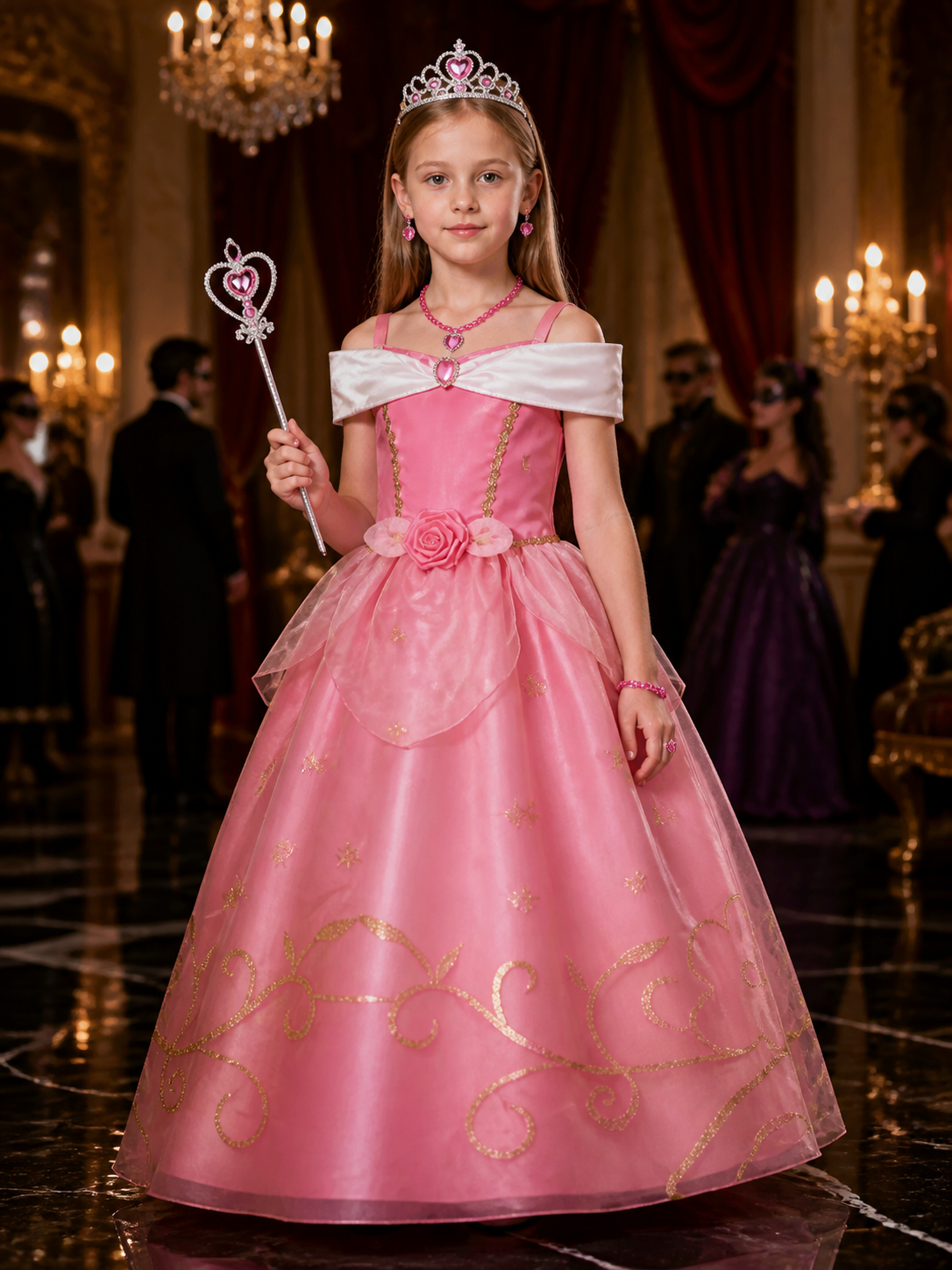 Girls Pink Princess Dress Costume Set with Crown, Wand & Jewelry for Halloween Costume Dresses detail