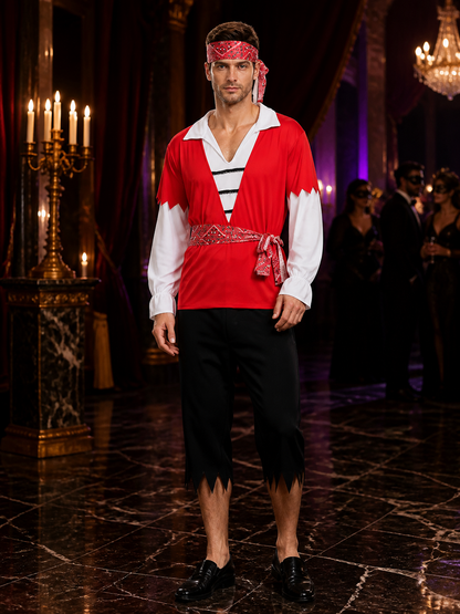 Adult Pirate Halloween Costume Set, Red Long-Sleeve Top, Cropped Pants Costumes detail
