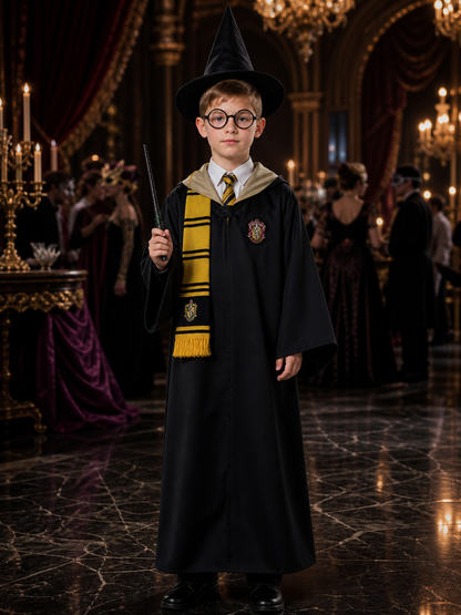Children's Wizard Costume Set, Hooded Robe with Badge, Scarf, Tie, Hat, Glasses Costume Headwear detail