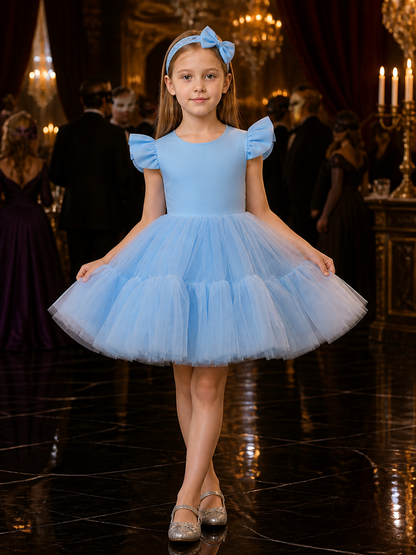 Girls' Blue Princess Dress Set with Lace Headband, Satin Bodice and Layered Costume Dresses detail