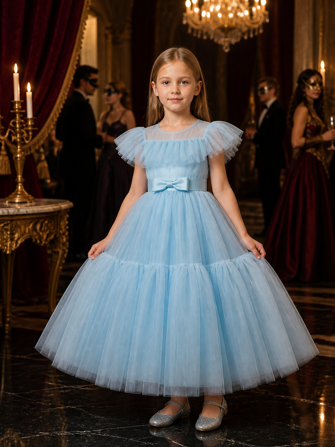 Girls' Light Blue Princess Dress, Square Neck Puff Sleeve Layered Tulle Gown Costume Dresses detail