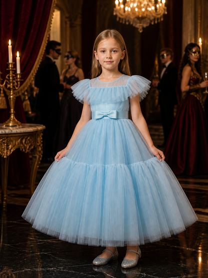 Girls' Light Blue Princess Dress, Square Neck Puff Sleeve Layered Tulle Gown Costume Dresses detail