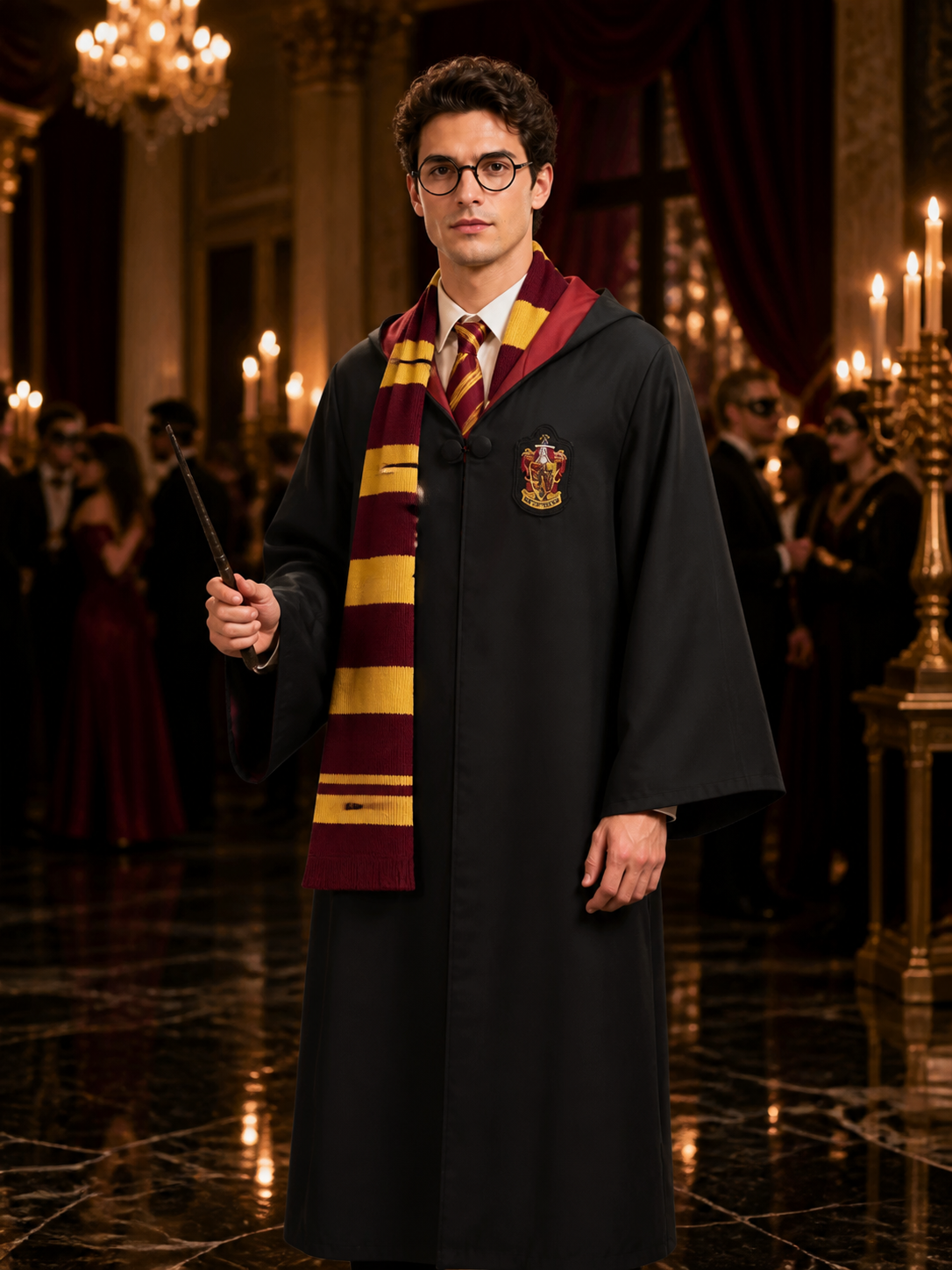 Gryffindor Wizard Costume Set, Hooded Robe With Scarf, Tie, Wand And Glasses Costume Accessories detail