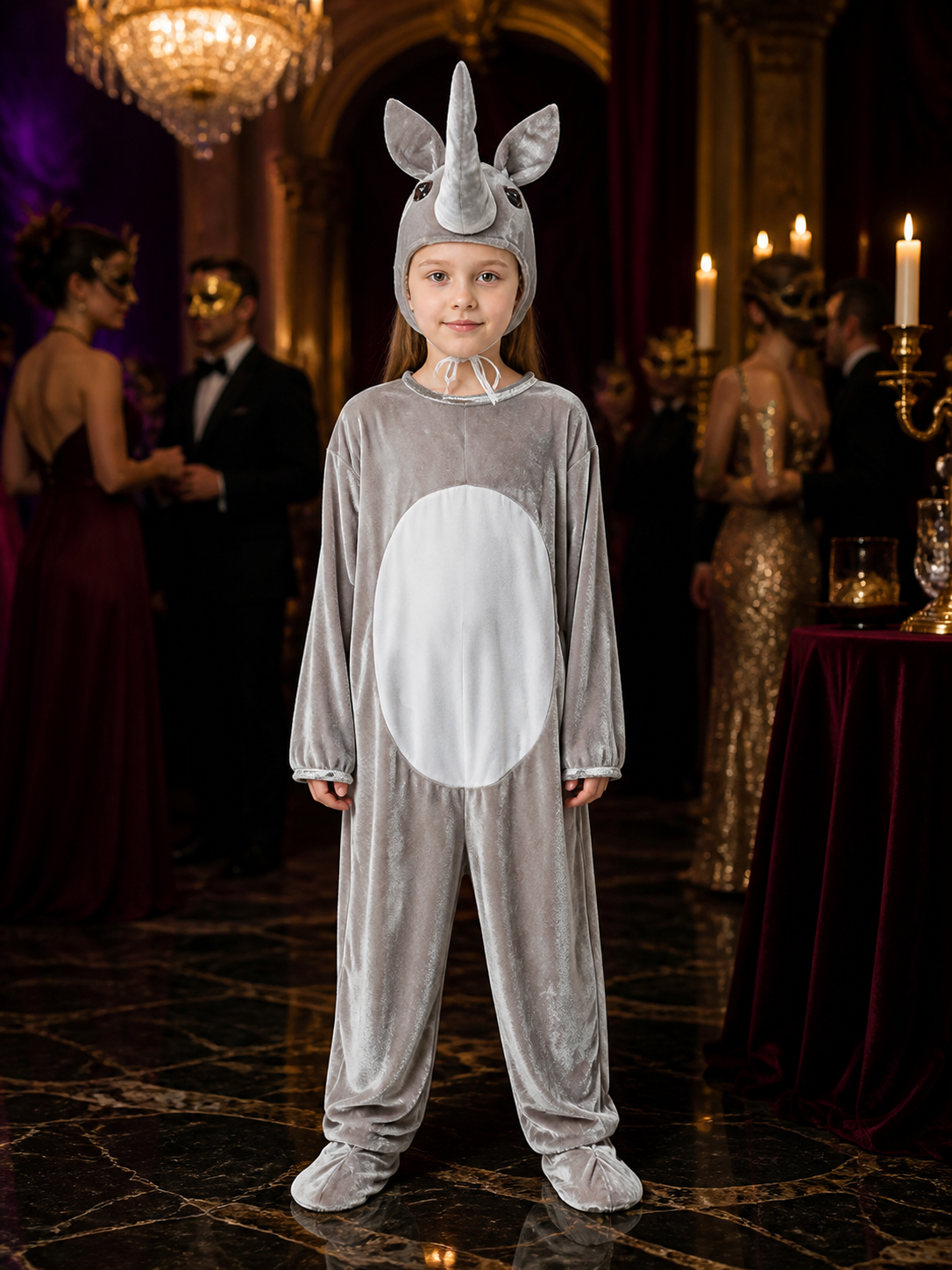 Children's Rhino Animal Costume - Gray Hooded Footed Jumpsuit with White Belly Costumes detail
