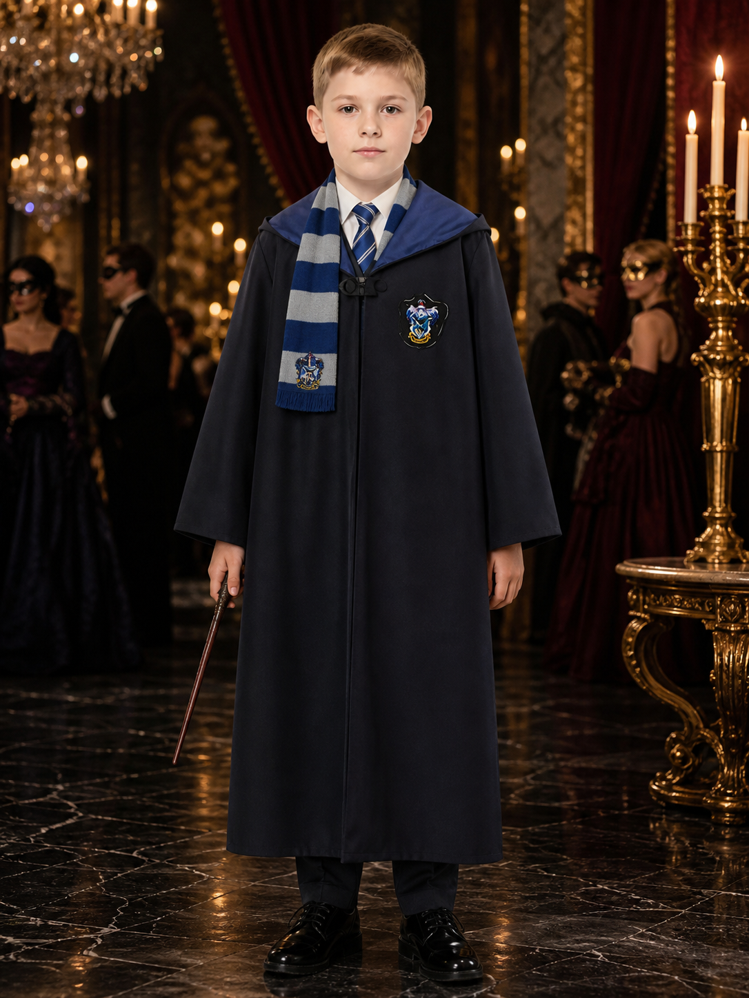 Ravenclaw Wizard Costume Set, Long Navy Blue Robe with Striped Tie and Scarf Costumes detail