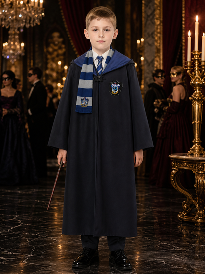 Ravenclaw Wizard Costume Set, Long Navy Blue Robe with Striped Tie and Scarf Costumes detail