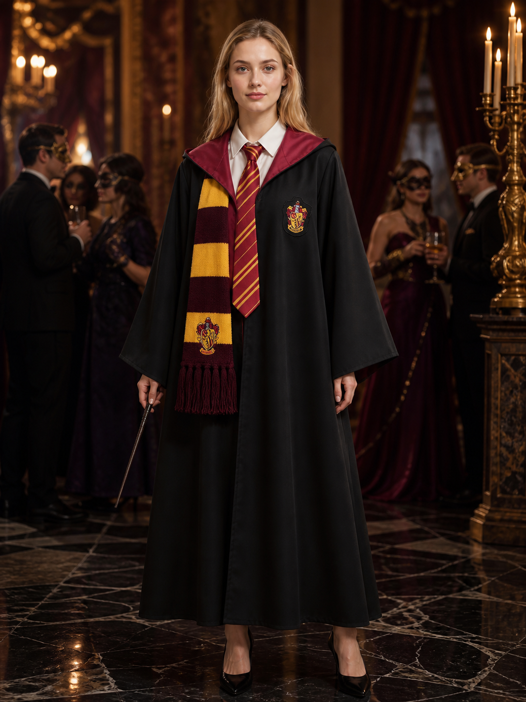 Academy Wizard Robe Costume Set with Red and Yellow Striped Scarf and Tie Costumes detail