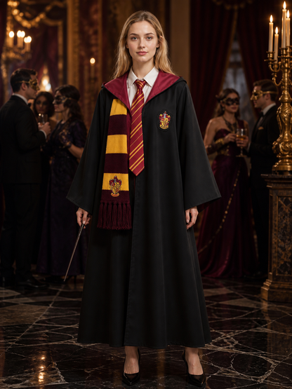 Academy Wizard Robe Costume Set with Red and Yellow Striped Scarf and Tie Costumes detail